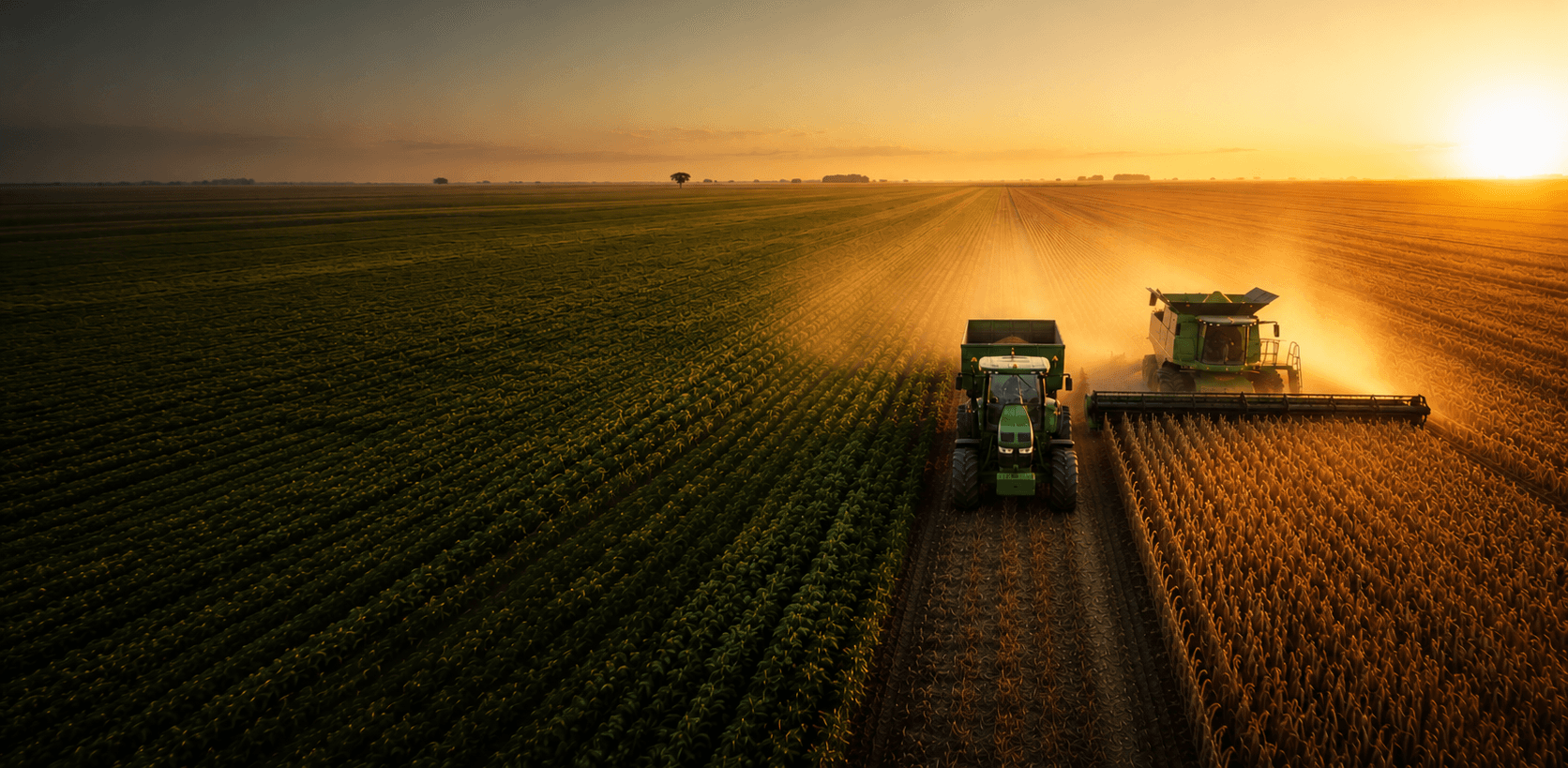 AgRoda — maquinaria de campo trabajando en Saladillo al atardecer