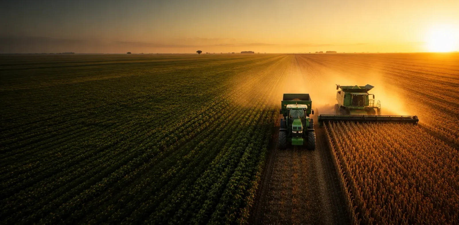 AgRoda — maquinaria de campo trabajando en Saladillo al atardecer